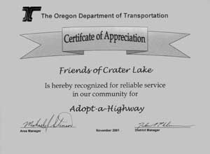 Adopt-a-Highway Certificate
